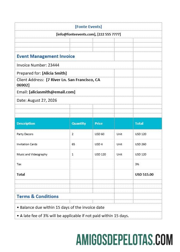 realista Modelo de fatura de gerenciamento de eventos